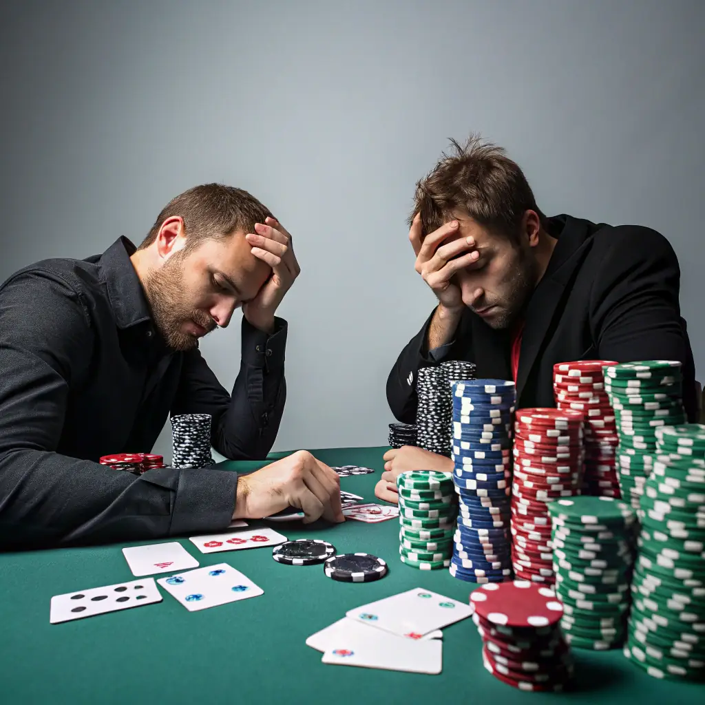An illustrative image showing a player thoughtfully considering their Poker21 hand, with a stack of chips representing bankroll management.